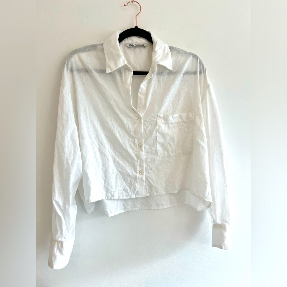 Zara CROPPED white linen button up blouse XS